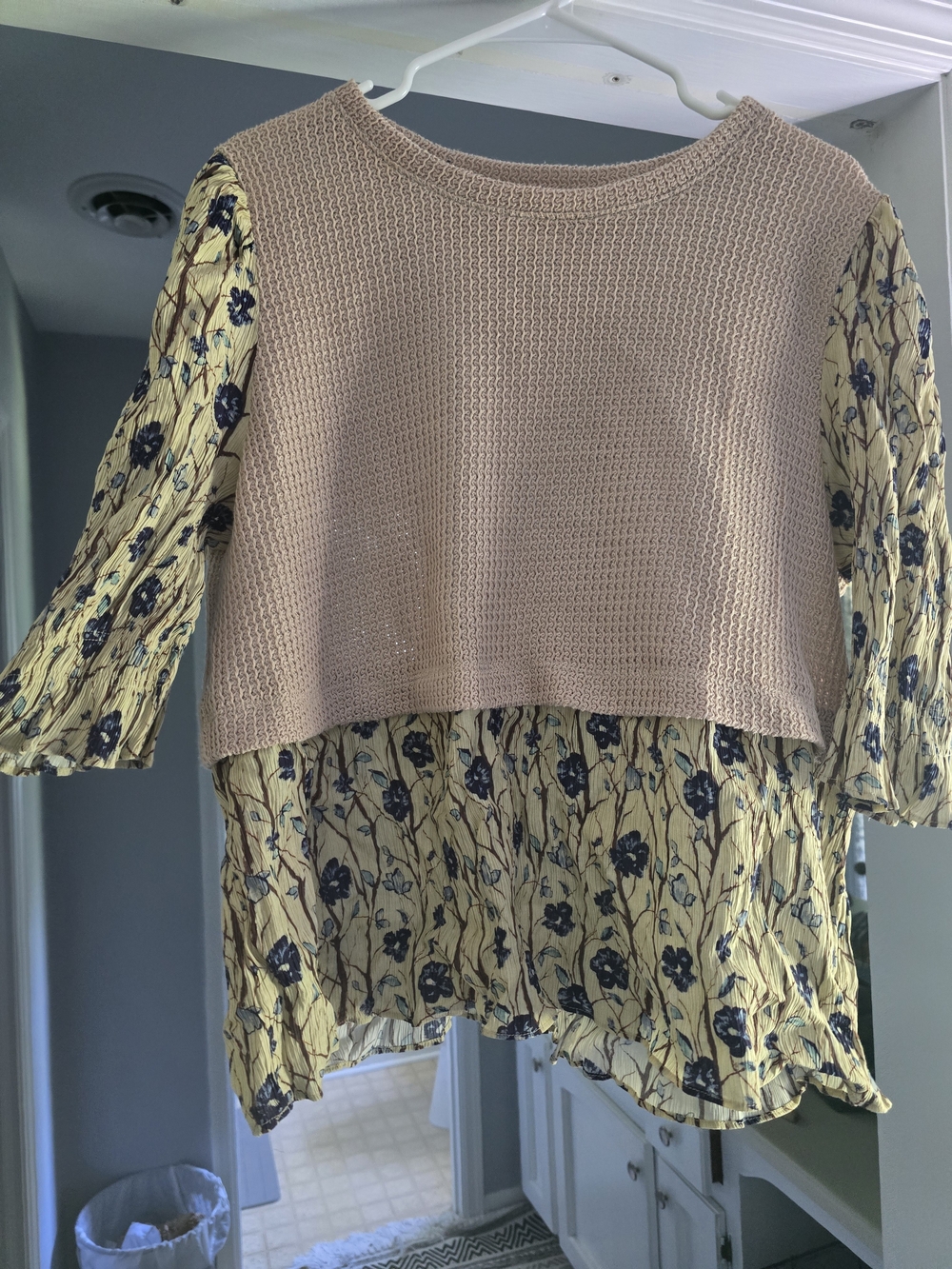 Beige Open-Knit Sweater With Floral Accents